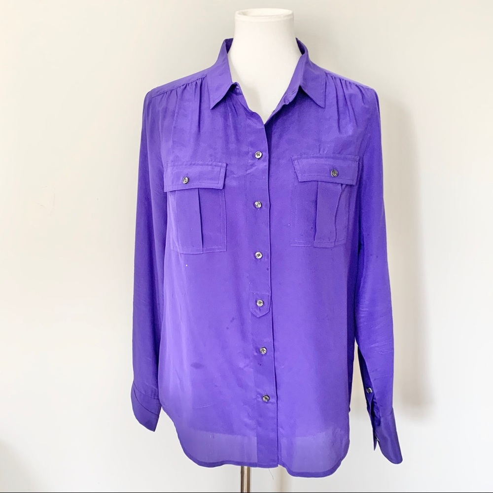 J. Crew Purple Silk Button Down Collar Top Long Sleeve Size Small